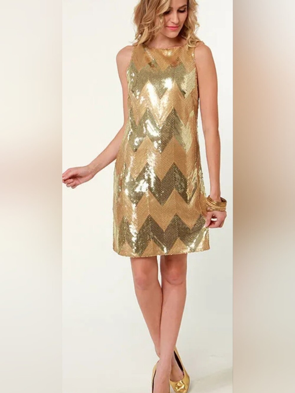 Lulus BB Dakota Gold Sequin Chevron Shift Dress NWT Size S